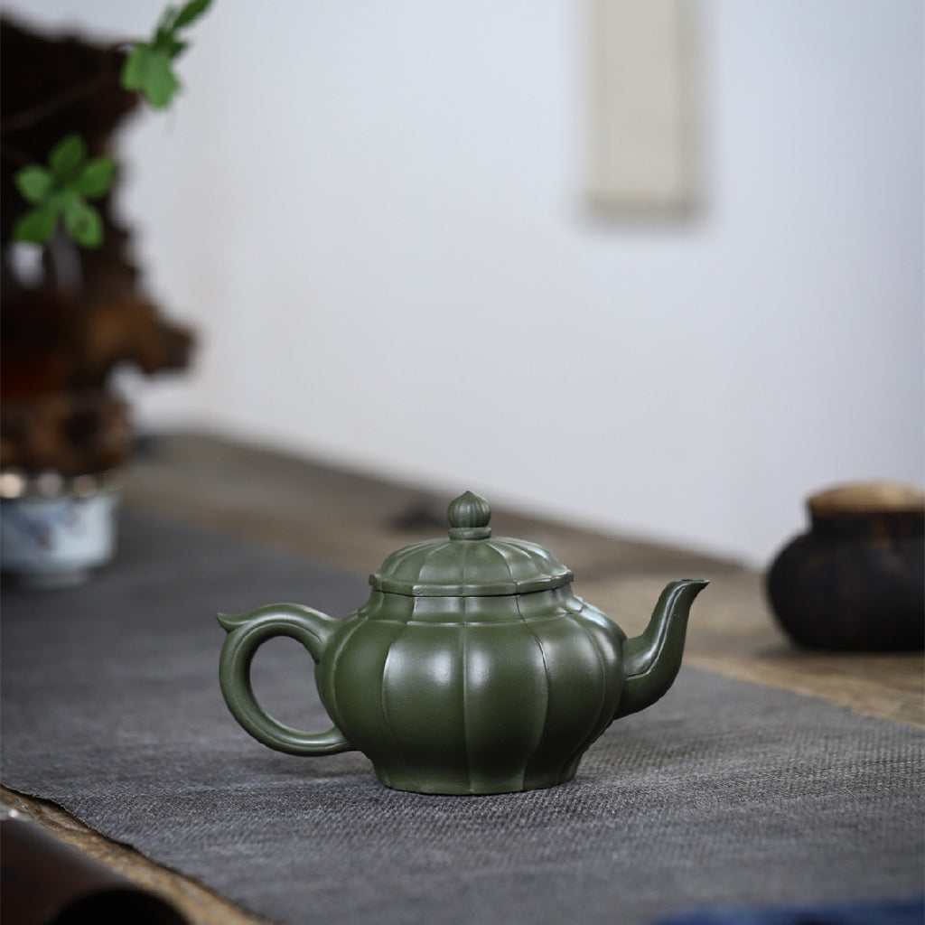 Tendril Laughing Sakura Yixing Zisha Pot handmade by artisans in original green clay