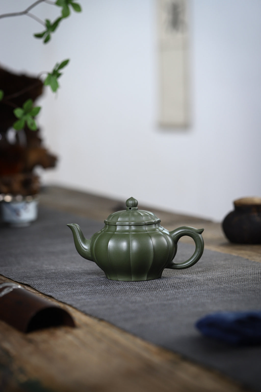 Tendril Laughing Sakura Yixing Zisha Pot handmade by artisans in original green clay