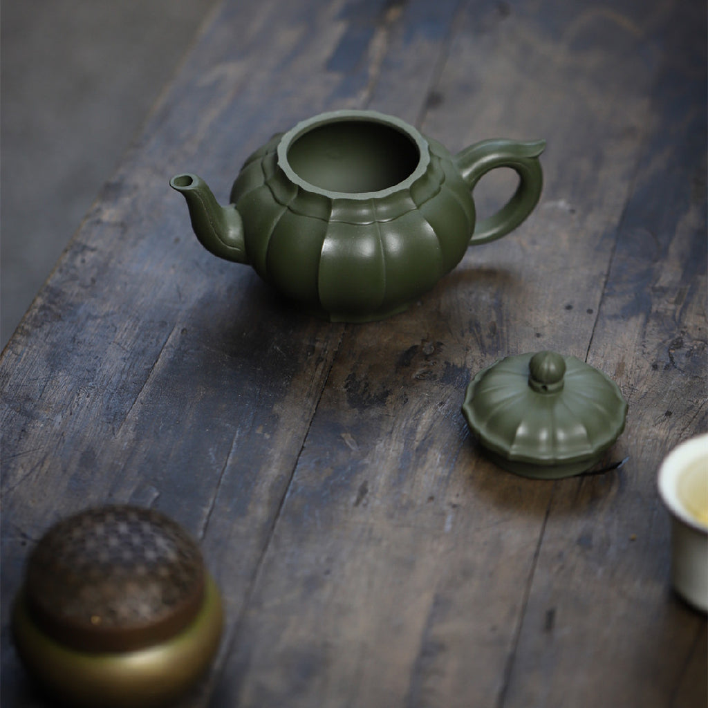 Tendril Laughing Sakura Yixing Zisha Pot handmade by artisans in original green clay