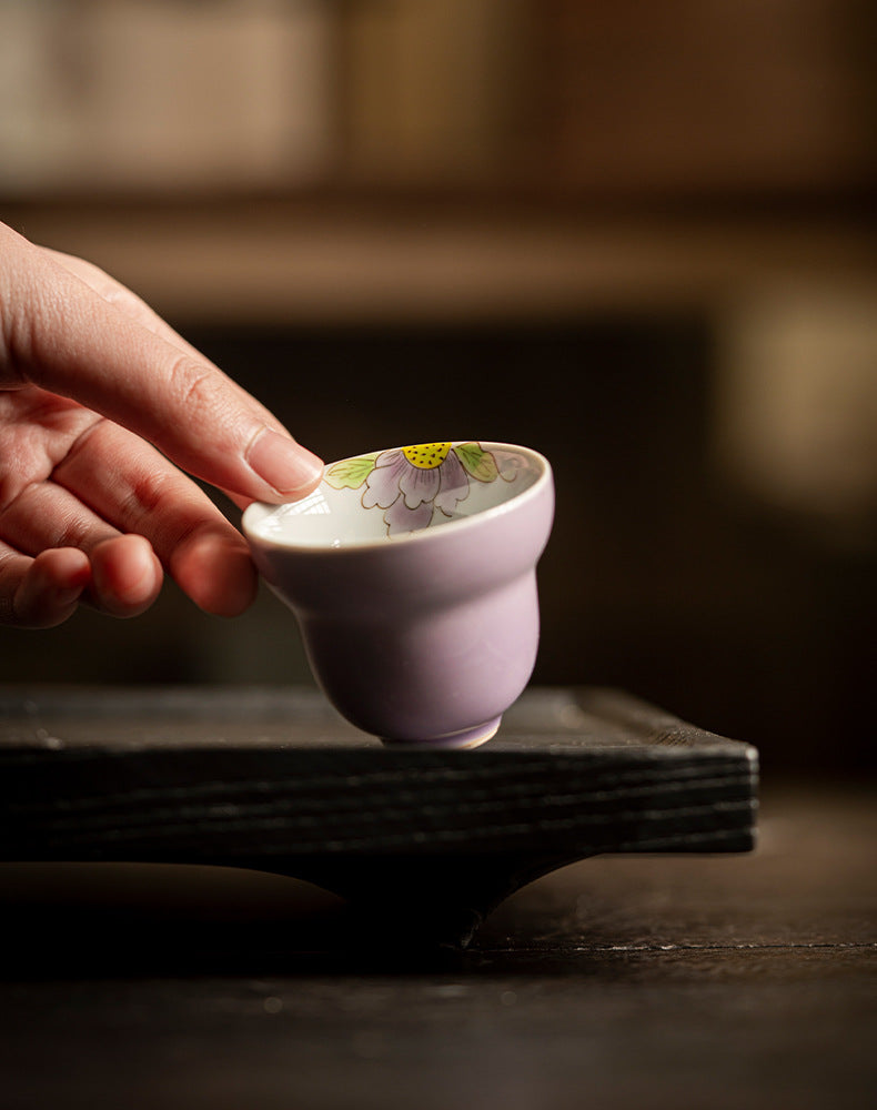 Hand-painted tea cups Underglaze hibiscus purple gourd cups