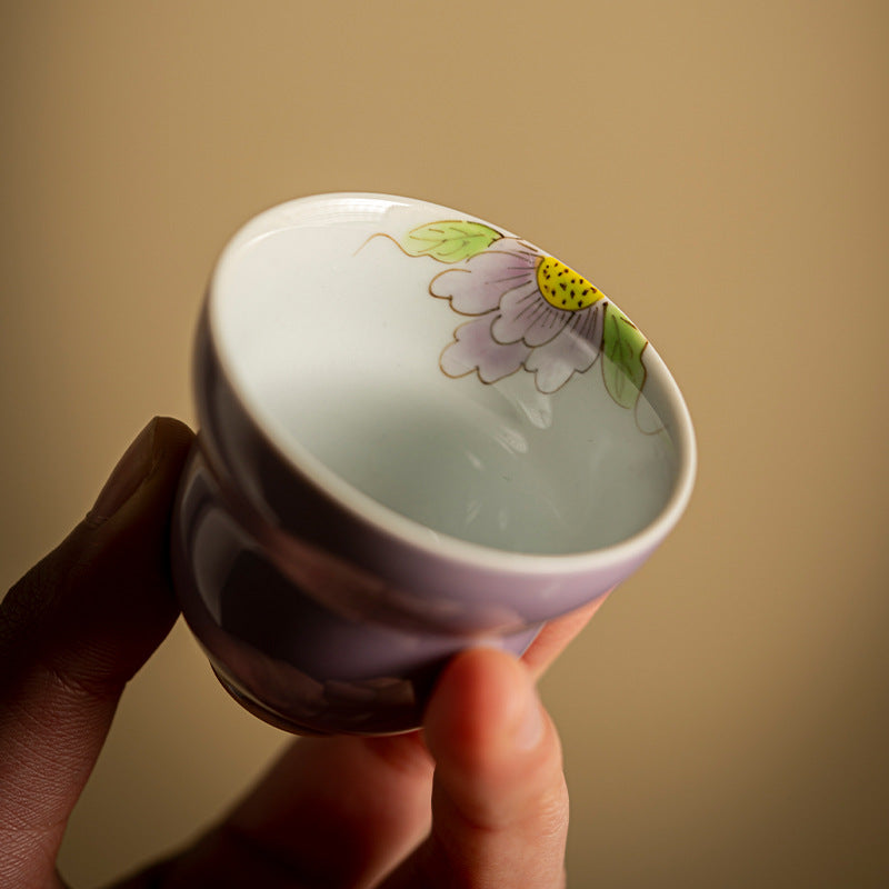 Hand-painted tea cups Underglaze hibiscus purple gourd cups