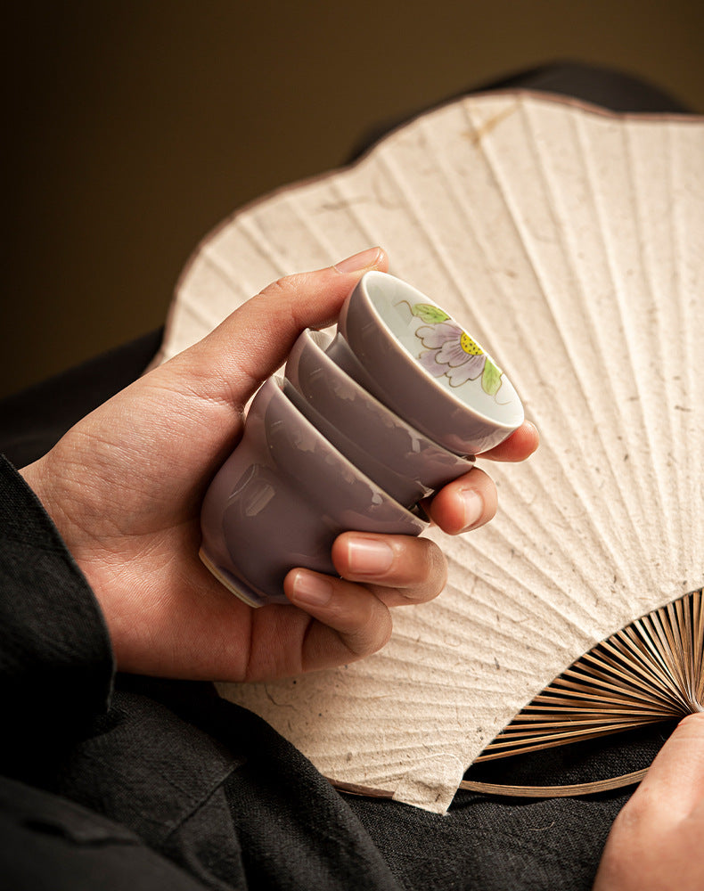 Hand-painted tea cups Underglaze hibiscus purple gourd cups