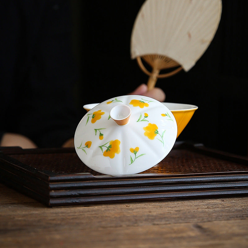 Hand-painted Small Yellow Flower Covered Bowl Ceramic Kung Fu Tea Set