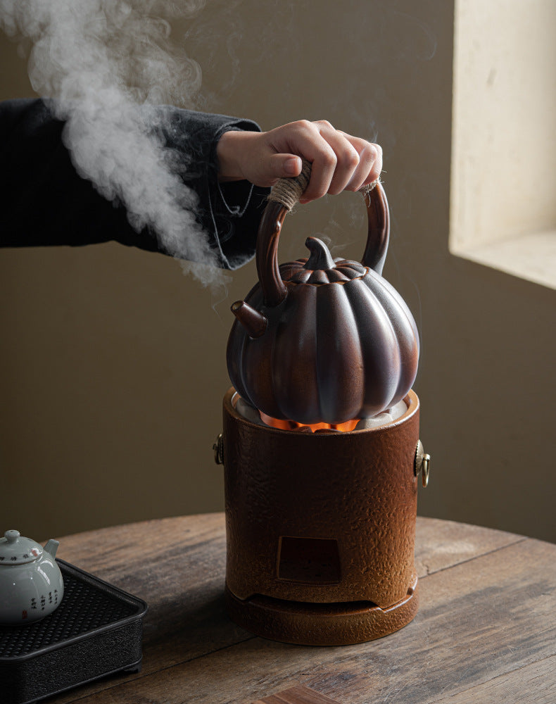 Stove tea kettle tea kettle pumpkin kettle side handle kettle can be charcoal burning open fire kettle indoor household retro tie rope teapot