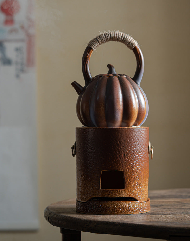 Stove tea kettle tea kettle pumpkin kettle side handle kettle can be charcoal burning open fire kettle indoor household retro tie rope teapot