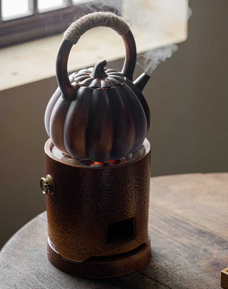 Stove tea kettle tea kettle pumpkin kettle side handle kettle can be charcoal burning open fire kettle indoor household retro tie rope teapot
