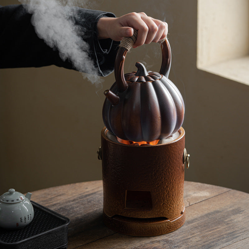 Stove tea kettle tea kettle pumpkin kettle side handle kettle can be charcoal burning open fire kettle indoor household retro tie rope teapot
