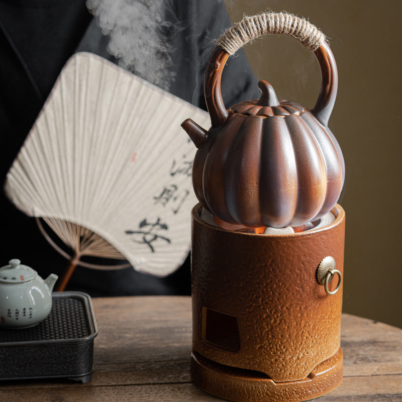 Stove tea kettle tea kettle pumpkin kettle side handle kettle can be charcoal burning open fire kettle indoor household retro tie rope teapot