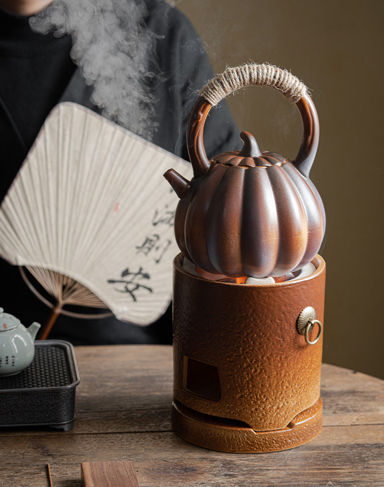 Stove tea kettle tea kettle pumpkin kettle side handle kettle can be charcoal burning open fire kettle indoor household retro tie rope teapot