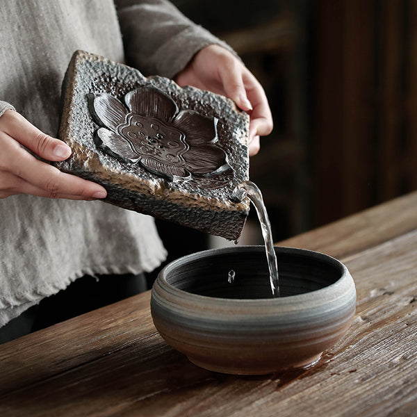 Lotus incense pot bearing Zen handmade tea table retro crude pottery wood burning gilt kung fu tea set water storage dry bubble plate pot holder