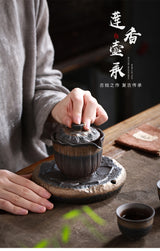 Lotus incense pot bearing Zen handmade tea table retro crude pottery wood burning gilt kung fu tea set water storage dry bubble plate pot holder