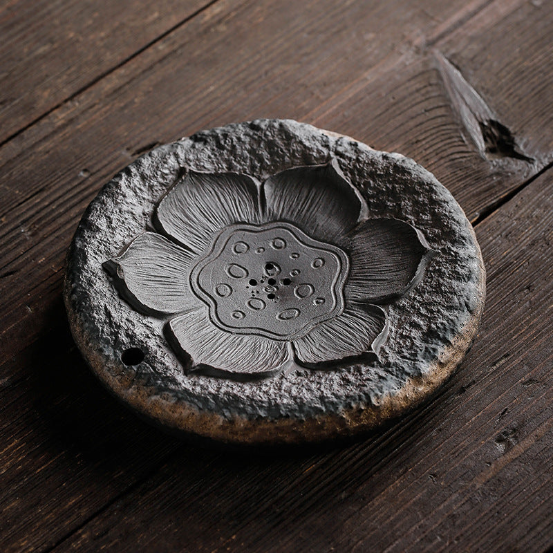 Lotus incense pot bearing Zen handmade tea table retro crude pottery wood burning gilt kung fu tea set water storage dry bubble plate pot holder