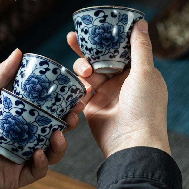 Zen Lotus Small Round Cup Vintage Blue and White Porcelain Tea Cup